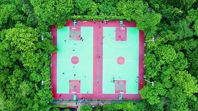 树林中间的篮球场打篮球绿色天然氧吧视频的预览图